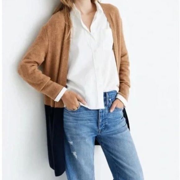 Madewell Kent Color Block Cardigan Sweater in Tan and Blue Open Front Small - Picture 2 of 9